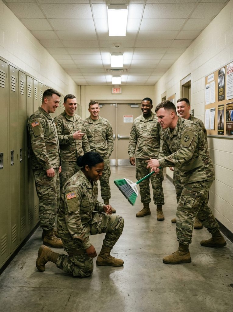 They threw a scrub brush at her feet; six seconds later, the entire hallway was reporting to her.