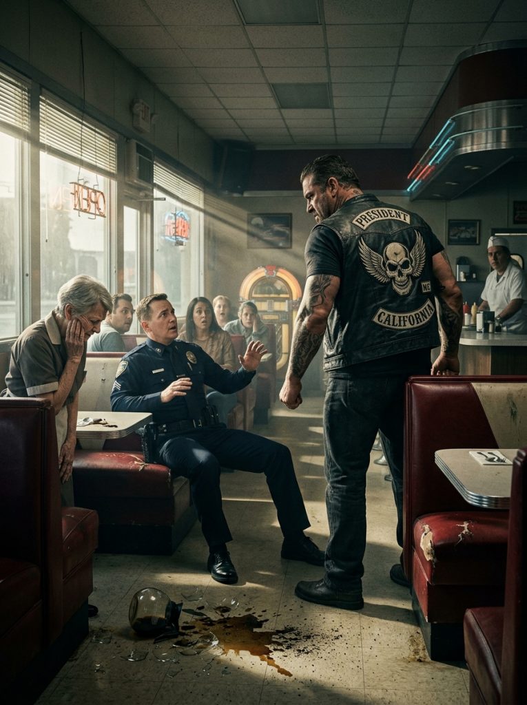 NEWLY PROMOTED COMMANDER SLAPPED AN ELDERLY WAITRESS FOR “TOUCHING HIS BRAND-NEW UNIFORM”… DIDN’T KNOW HER SON WAS A RUTHLESS HELLS ANGELS CAPO SITTING RIGHT THE CORNER — AND DIDN’T HOLD BACK FOR EVEN 1 MORE SEC.