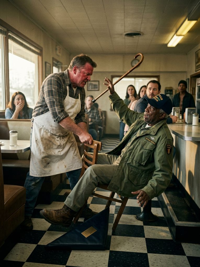 With a face full of pure rage, the diner owner yanked the chair out from under him, sending the exhausted Black veteran crashing down.