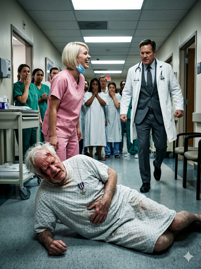 “Just an old man!” the nurse laughed, shoving the 84yo veteran to the floor. Her smirk vanished when the Chief of Surgery walked in and…