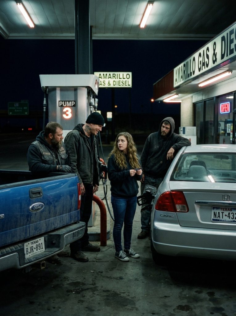 Four Strangers Started Closing In on a Woman Alone at a Gas Station Late at Night — Then a Biker Made One Quiet Call, and a Silent Circle of Riders Suddenly Surrounded the Scene
