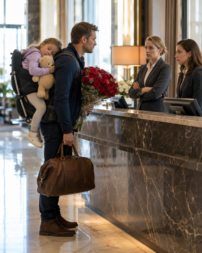 The Receptionist Judged My Worn Jacket, My Sleeping Six-Year-Old Daughter, and the Flowers I Carried for My Late Wife, Then Told Me I’d Be Better Off at a Cheap Motel. The Only Person Who Treated Us Kindly Was a Housekeeper Carrying Towels. Neither of Them Knew Whose Hotel They Were Standing In…