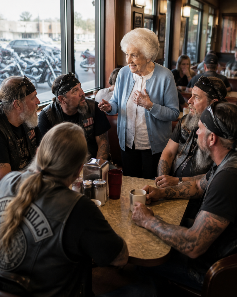 An 88-Year-Old Woman Approached Six Bikers Everyone in the Diner Was Avoiding and Softly Asked, “Would You Pretend to Be My Sons?” Shortly After, Her Nephew Arrived With the Papers He Wanted Her to Sign. But When He Saw the Six Men Sitting Beside Her Like Family, He Froze—and the Folder He Had Brought Never Even Opened.