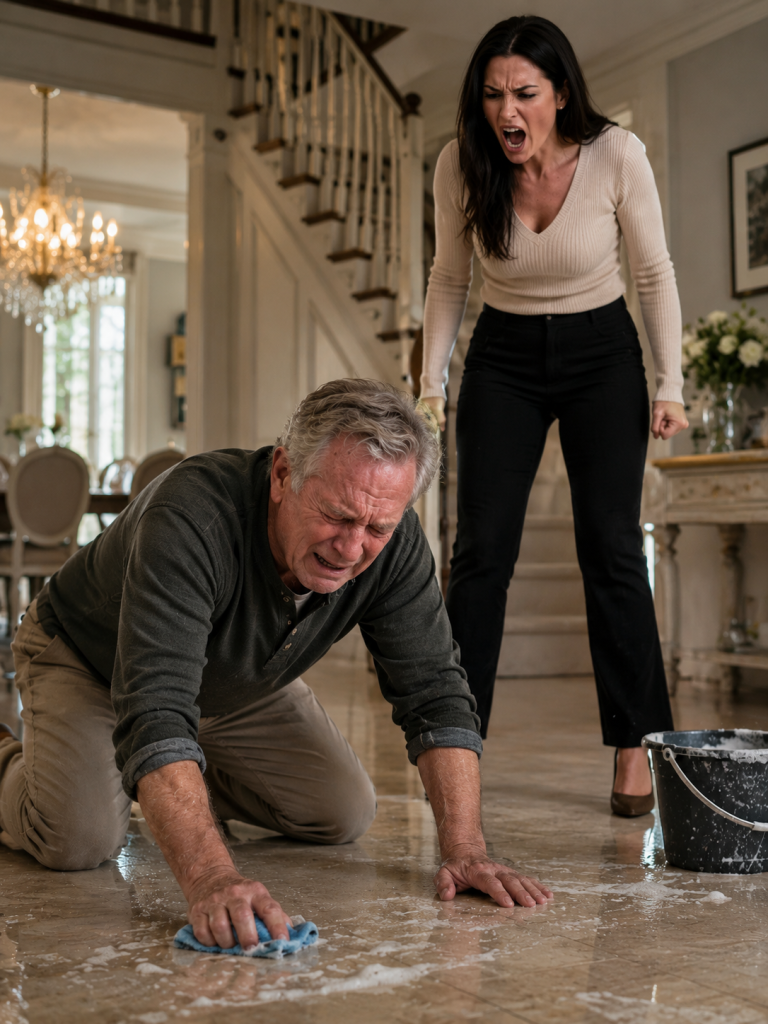 Coming home early, I found my wealthy fiancée standing over my father on my marble floor. “Clean it up, you filthy beggar,” she sneered. He was down on his knees in soapy water, crying. He only wanted to see his son. “Son… please,” he sobbed. In that single moment, my perfect life fell apart. I had ignored him for years while building my empire. Not anymore. I dropped my briefcase, walked straight past her, and calmly spoke the 4 words that called off our multi-million dollar wedding.